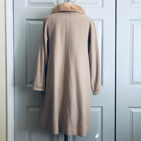 Vintage Cashmere Mink Fur Collar Pockets Coat Jacket Beige Size Large - Picture 7 of 16